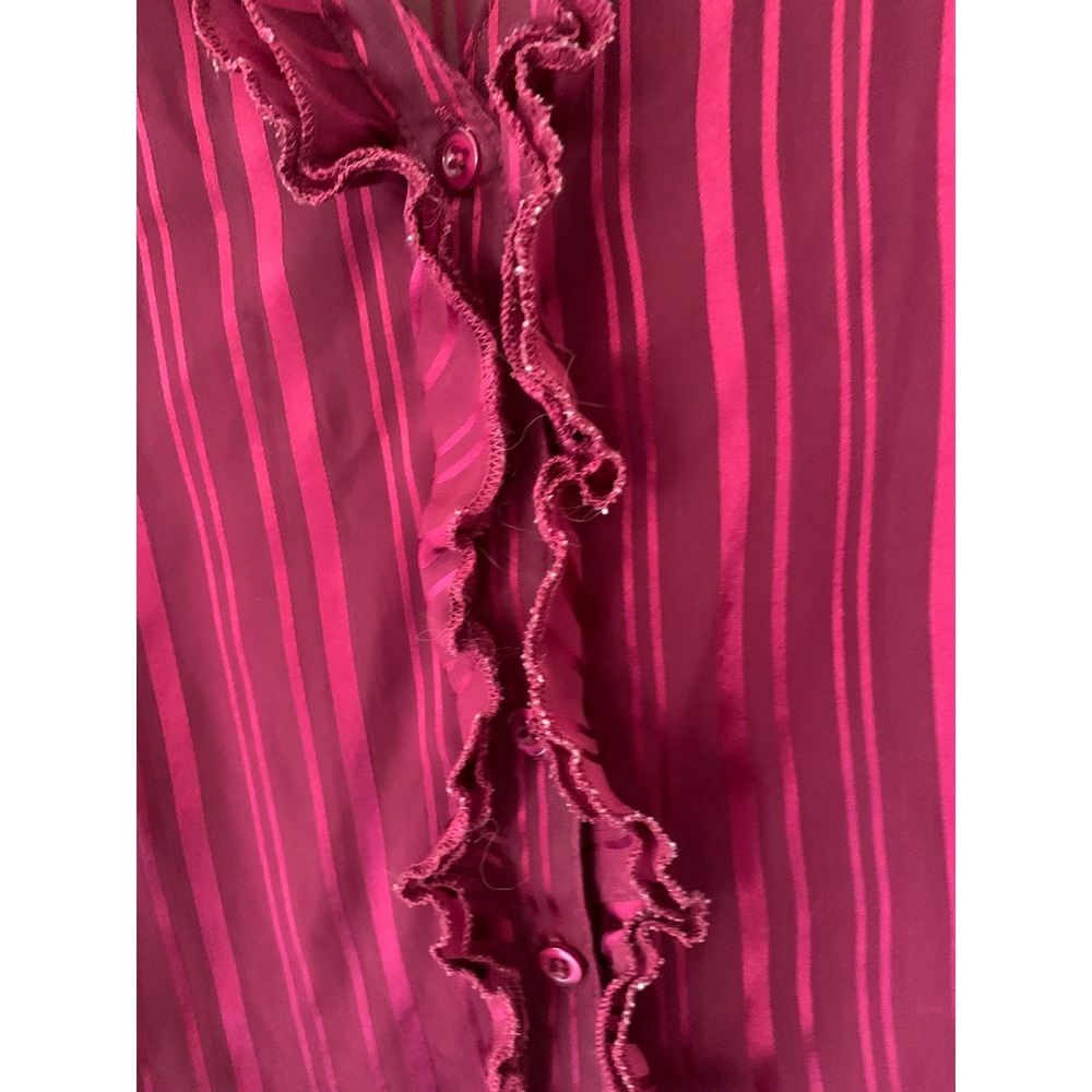 George ME Mark Eisen Dark Raspberry Striped Ruffle Sheer Blouse Size Large - Picture 2 of 14